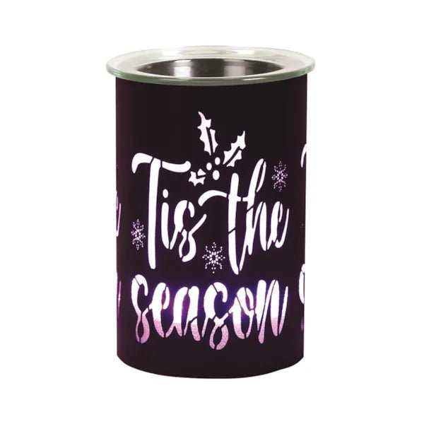 Black LED wax melt burner with Tis the Season silhouette lit in pink