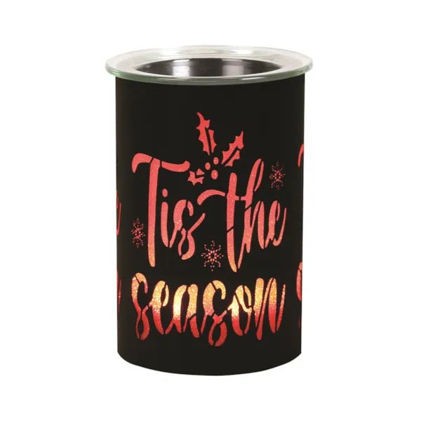 Black LED wax melt burner showing red festive glow through lettering