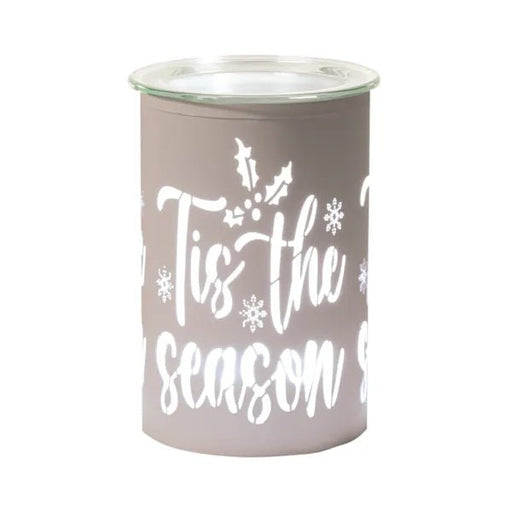 White LED wax melt burner with Tis the Season silhouette, glass dish on top