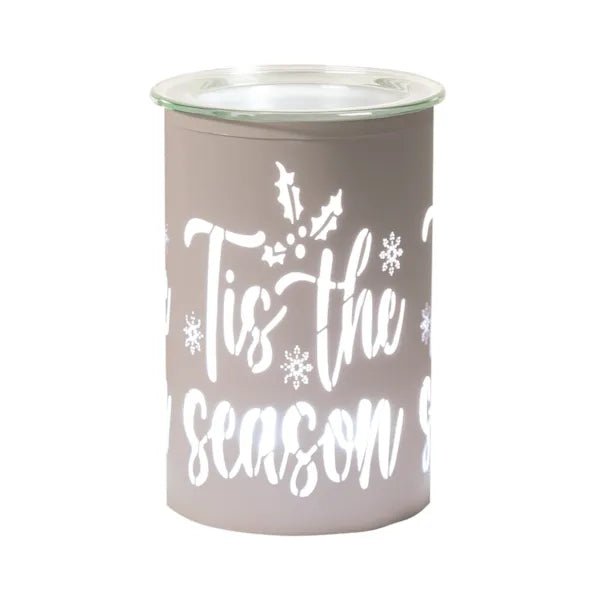White LED wax melt burner with Tis the Season silhouette, glass dish on top