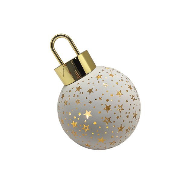 White LED bauble with gold star design, 12cm decorative Christmas ornament.


