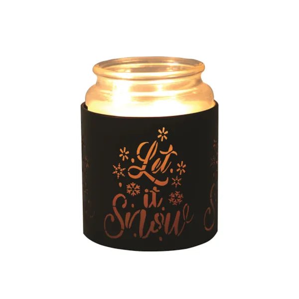 Black Let It Snow sleeve used as a candle jar holder with lit jar inside