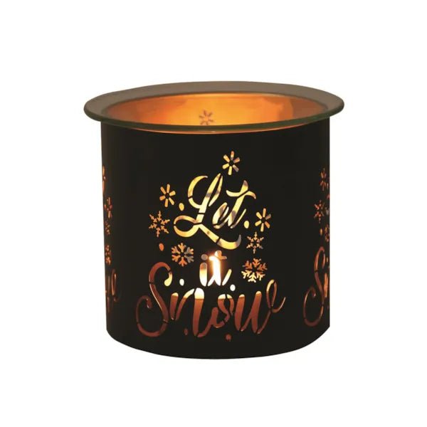 Black and gold Let It Snow tealight wax melter glowing with warm light