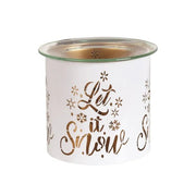 Unlit white and gold Let It Snow tealight wax melter with glass dish on top