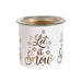Unlit white and gold Let It Snow tealight wax melter with glass dish on top