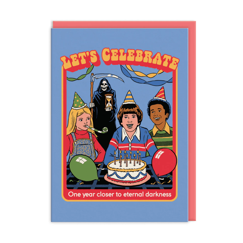 Retro Let’s Celebrate birthday greeting card with party kids, cake, balloons and Grim Reaper looming behind on blue cover
