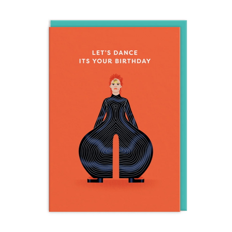 Let’s Dance birthday greeting card with stylised red-haired figure in black swirl jumpsuit on bright orange background
