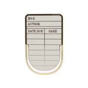 Close up of library card enamel metal bookmark with date due design