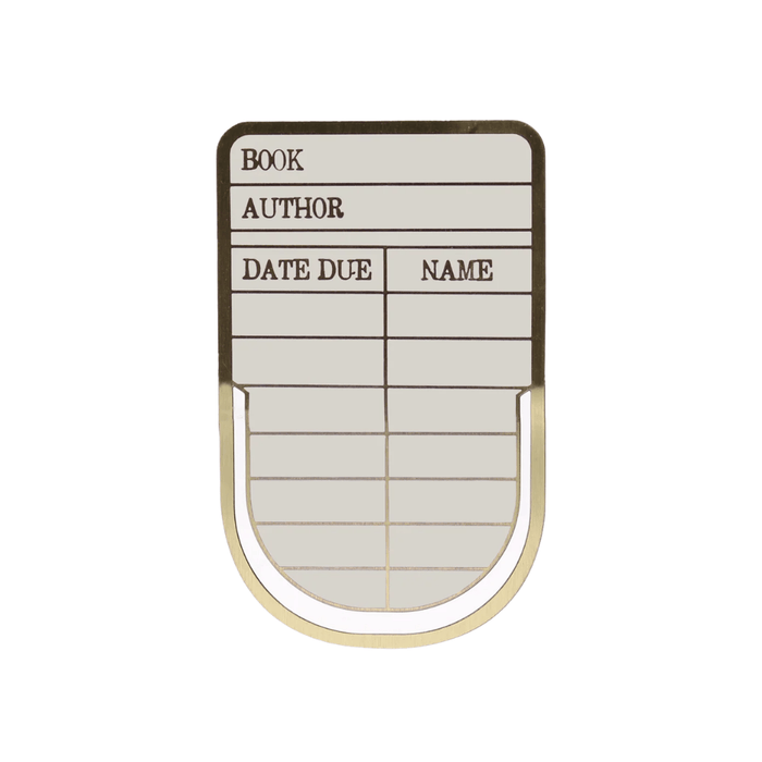 Close up of library card enamel metal bookmark with date due design