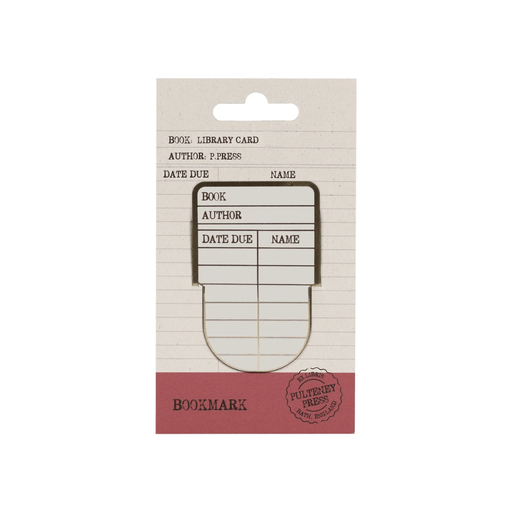 Library card metal bookmark displayed on Pulteney Press backing card