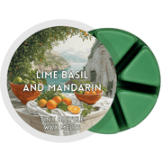 Lime Basil and Mandarin wax melt main product image showing label and green segmented wax melt on a plain background