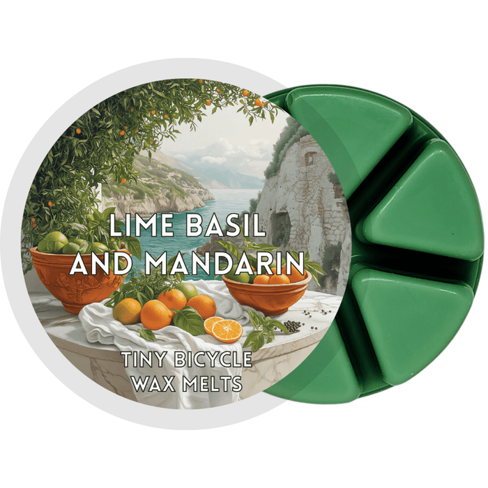 Lime Basil and Mandarin wax melt main product image showing label and green segmented wax melt on a plain background