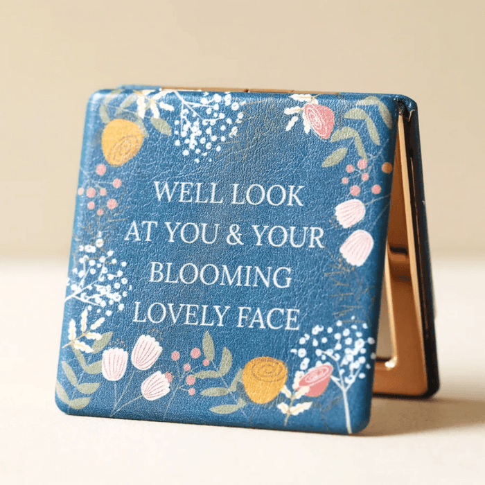 Lisa Angel Blooming Lovely compact mirror with teal blue floral design