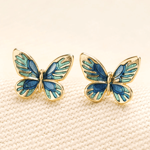 Pair of Lisa Angel gold butterfly stud earrings with blue and green wing details