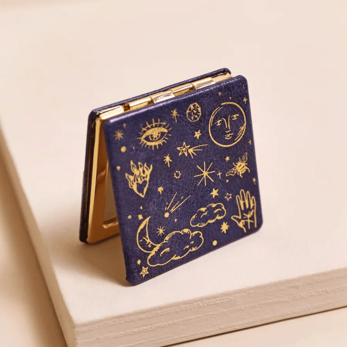 Lisa Angel Blue Starry Night Compact Mirror with navy and gold celestial design