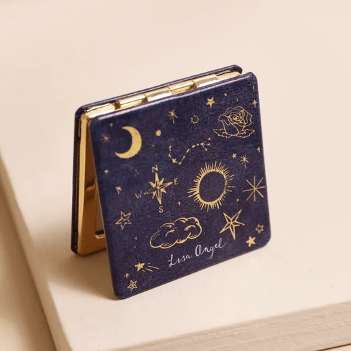 Lisa Angel celestial compact mirror with moon stars clouds and gold detailing