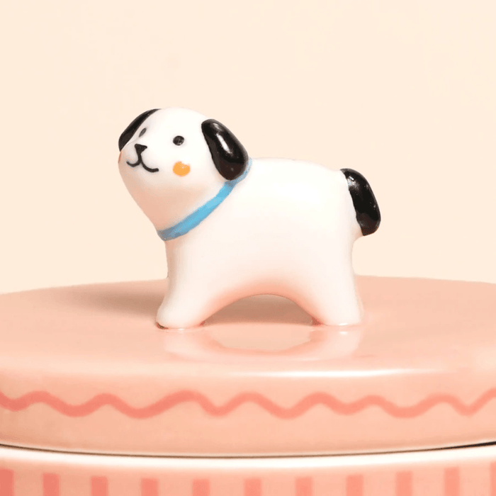 Close up of the 3D dog figure on the Lisa Angel ceramic trinket pot lid
