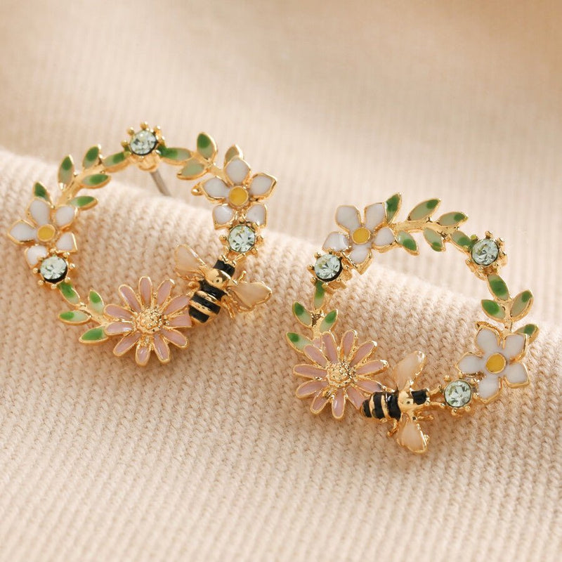 Lisa Angel Crystal Flower and Enamel Bee Stud Earrings – Gold - Something Different Gift Shop