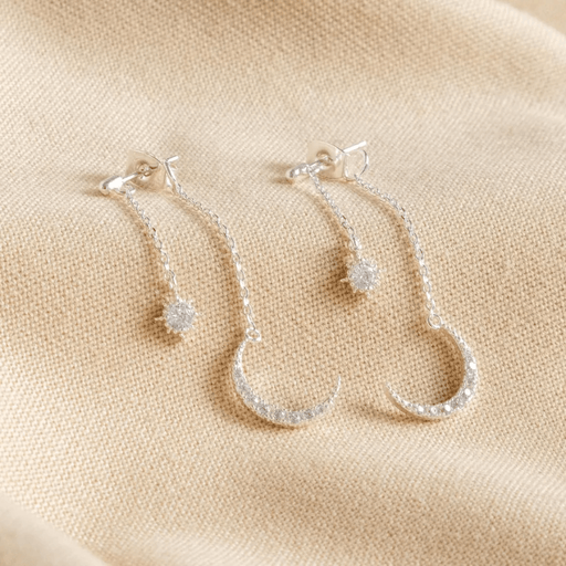 Lisa Angel silver double drop earrings with crystal star and crescent moon charms