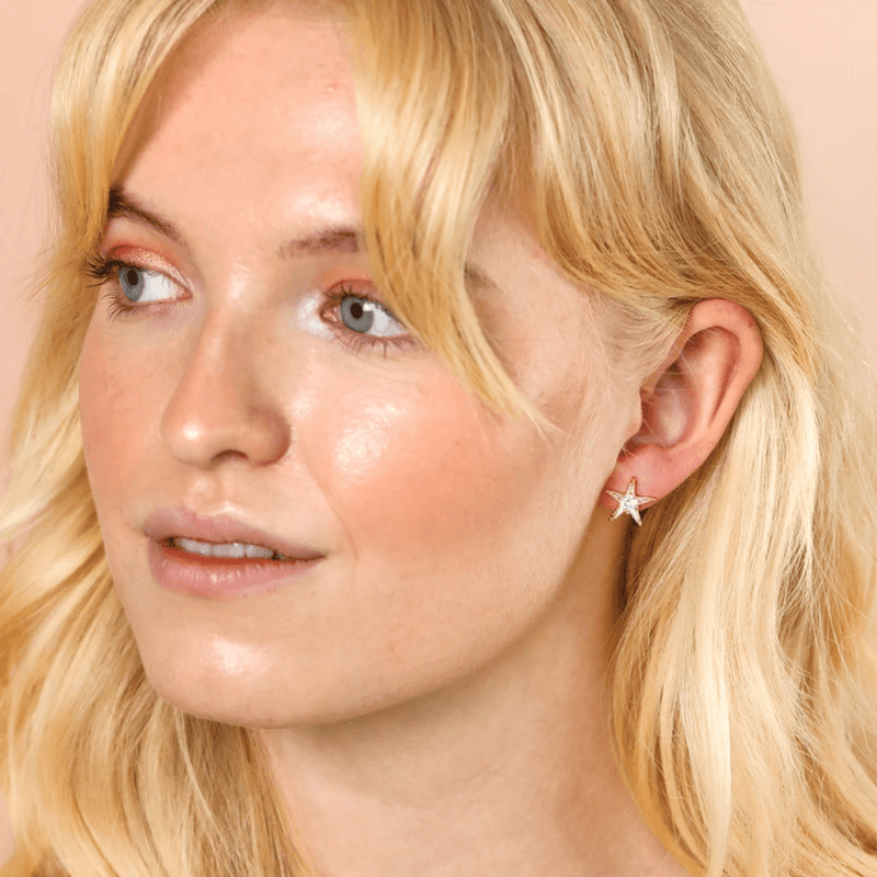 Lisa Angel Crystal Star Stud Earrings in Gold worn by model
