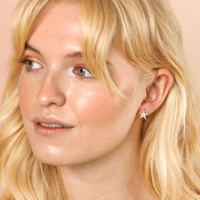 Lisa Angel Crystal Star Stud Earrings in Gold worn by model