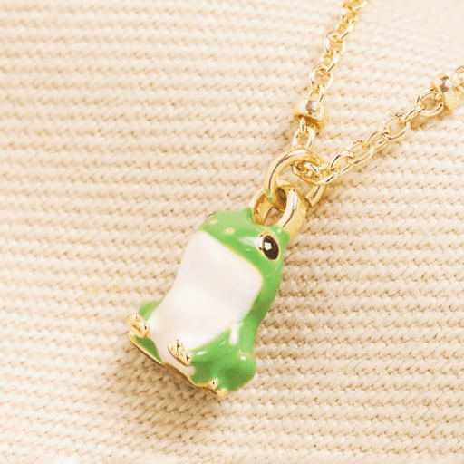 Lisa Angel gold-plated stainless steel necklace with a green and white enamel frog pendant