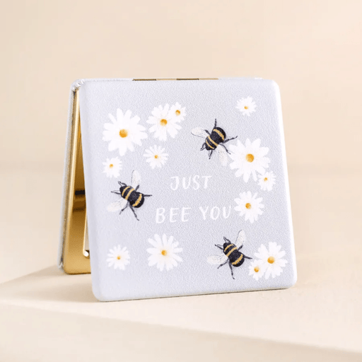 Lisa Angel Just Bee You compact mirror with pale blue daisy and bee design
