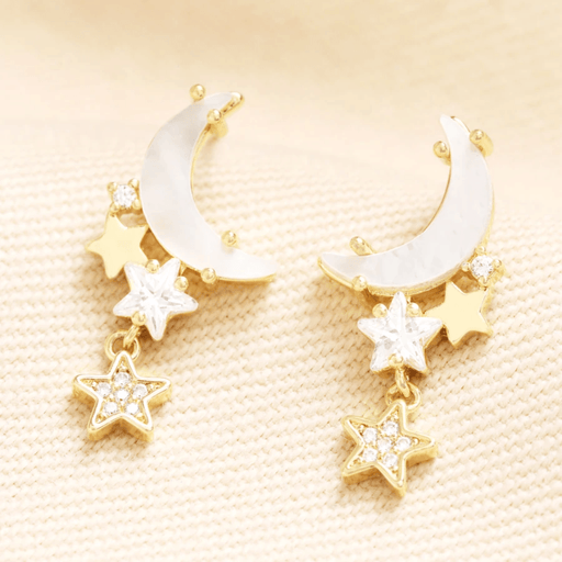 Lisa Angel gold moon and star earrings with pearlescent crescents and cubic zirconia details