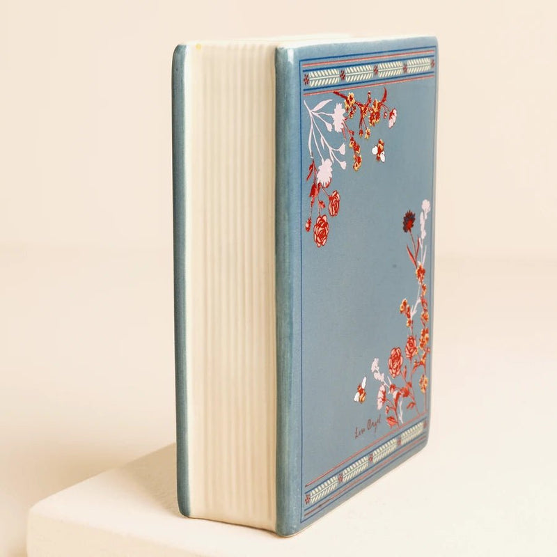 Side view of Lisa Angel Once Upon A Time Mini Ceramic Book Vase showing book spine