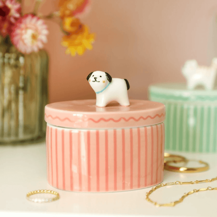 Lisa Angel pink ceramic dog jewellery pot with removable lid and gold jewellery