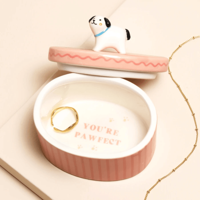 Lisa Angel pink dog trinket pot open with ring and removable lid