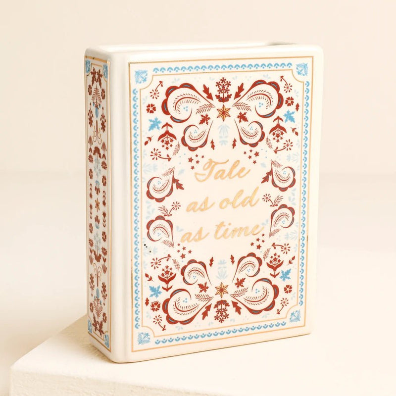Tale as Old as Time mini ceramic book vase with floral cover design