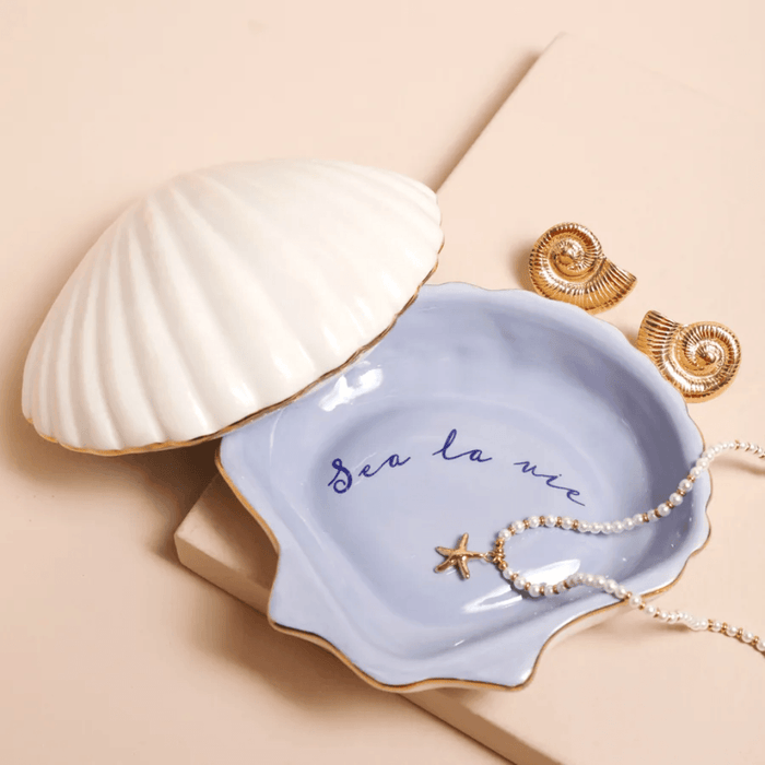 Lisa Angel white shell Sea La Vie lidded trinket dish open with pearl necklace
