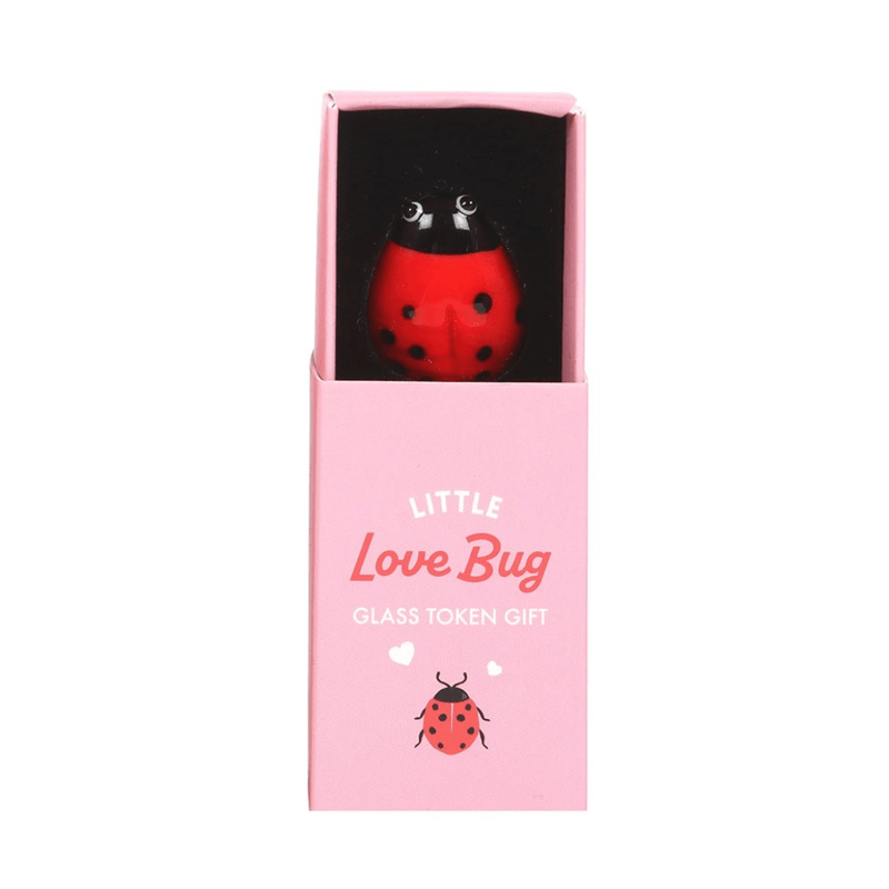 Mini red glass ladybird ‘Love Bug’ token tucked inside a pastel-pink sliding matchbox.

