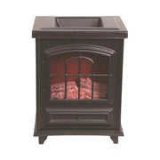 Black log-burner style electric wax melt burner, front view unlit, 16cm