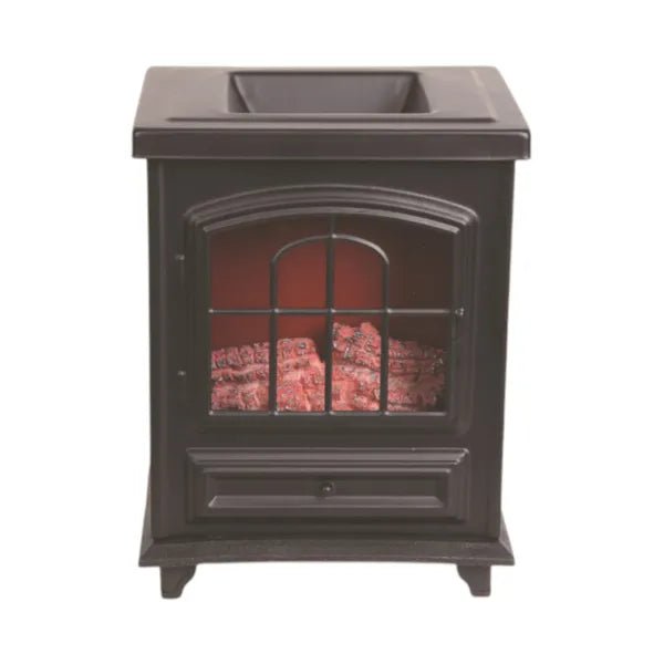 Black log-burner style electric wax melt burner, front view unlit, 16cm