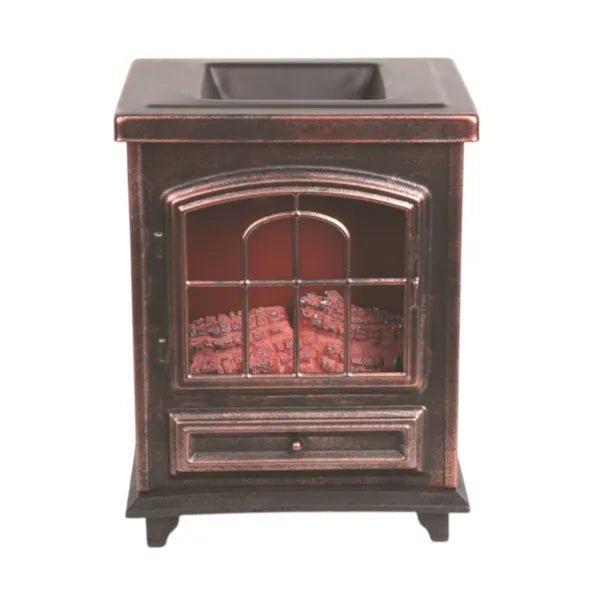 Copper log-burner style electric wax melt burner, front view unlit, 16cm