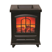 Black log-burner style electric wax melt burner with glowing ember fire effect, 16cm