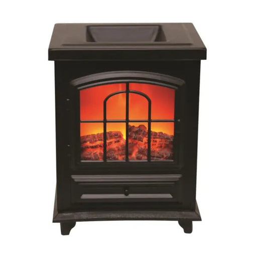 Black log-burner style electric wax melt burner with glowing ember fire effect, 16cm