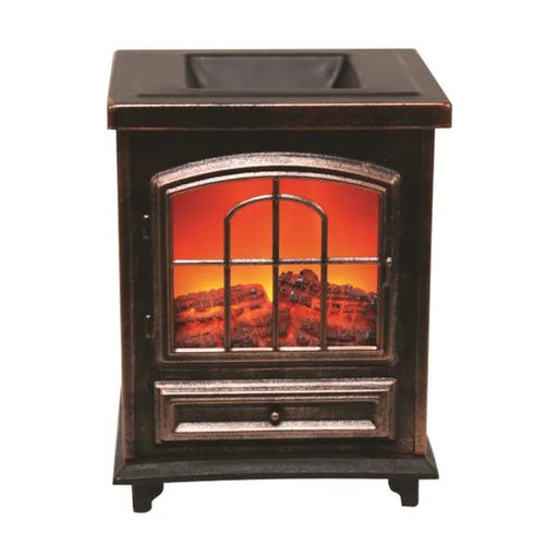 Copper stove-style electric wax melt burner with glowing ember fire effect, 16cm