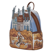 Angled view of Loungefly 101 Dalmatians Mini Backpack with autumn scene and side artwork