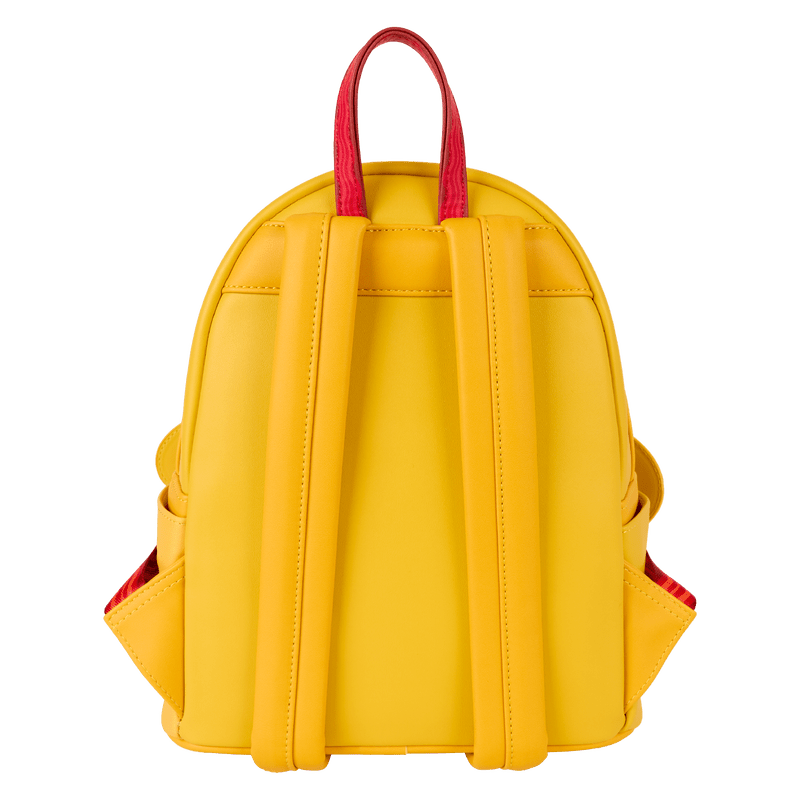 Back of the Loungefly Adventure Time Jake backpack with yellow faux leather and red top handle