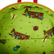 Interior lining of the Adventure Time Loungefly backpack with cartoon icons and logo print on lime green background