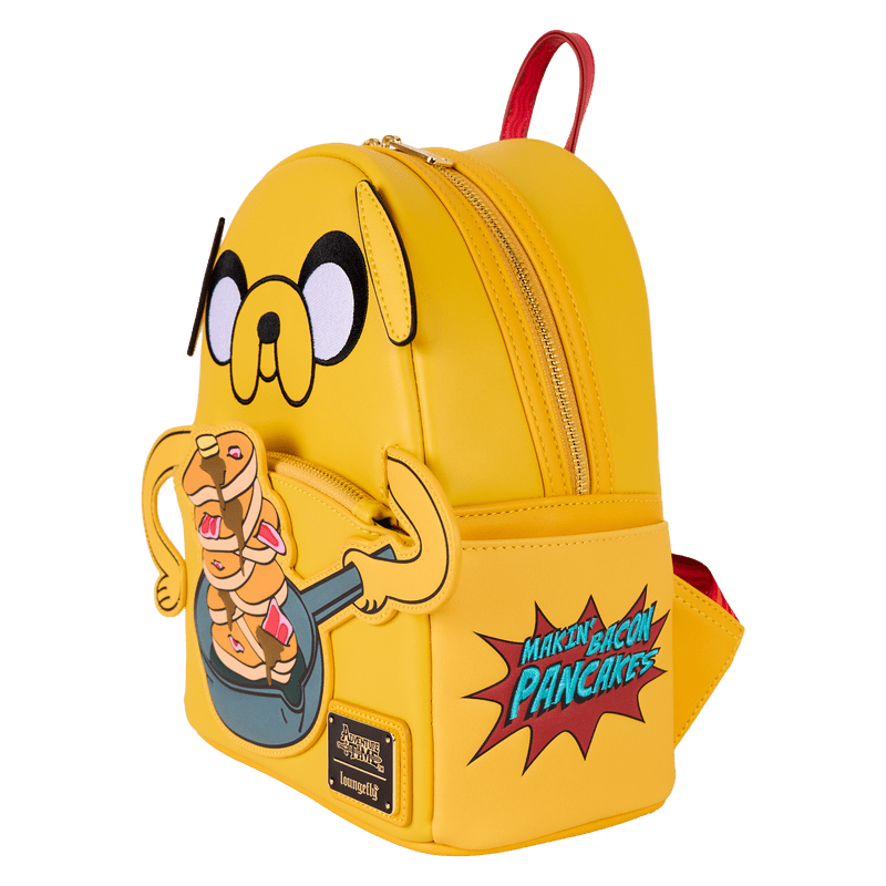 Right side of the Loungefly Jake Pancakes backpack featuring comic-style text “Makin’ Bacon Pancakes”