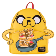 Front view of the Loungefly Adventure Time backpack featuring Jake the Dog holding a skillet of pancakes

