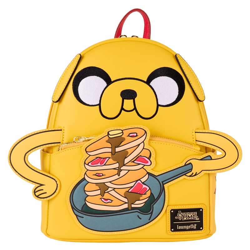 Front view of the Loungefly Adventure Time backpack featuring Jake the Dog holding a skillet of pancakes

