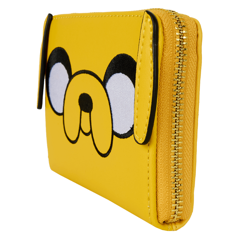 Angled view of Loungefly Adventure Time Jake wallet with 3D ear flaps and gold zip – Loungefly wallet
