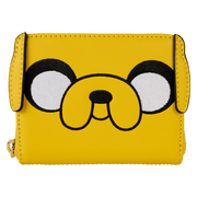 Front view of Loungefly Adventure Time Jake wallet showing Jake’s embroidered face on yellow faux leather – Loungefly bag
