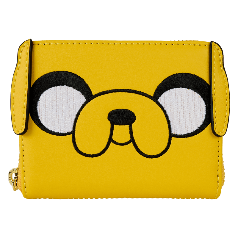 Front view of Loungefly Adventure Time Jake wallet showing Jake’s embroidered face on yellow faux leather – Loungefly bag
