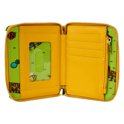 Interior of Loungefly Adventure Time Jake wallet; green cartoon lining, card slots and ID window – Loungefly bag detail
